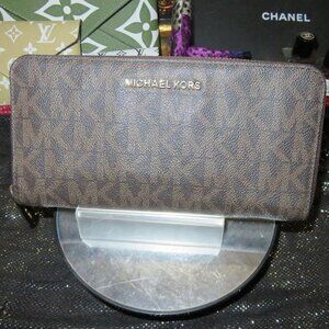 Michael Kors Large Coated Canvas MK Jet logo Zip Around Continental Long Wallet